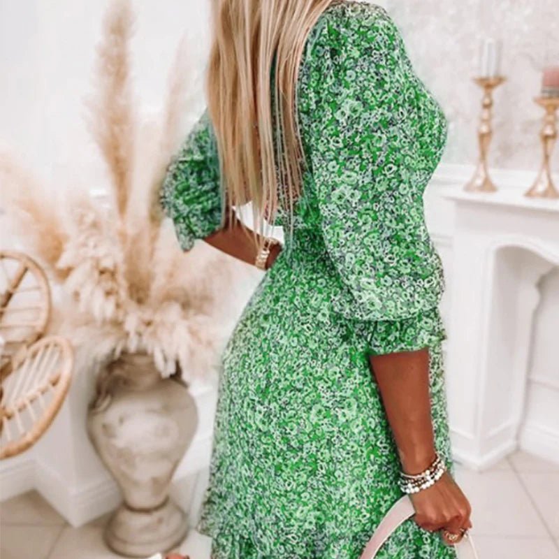 Women’s Floral Midi Dress with V-Neck and Puff Sleeves