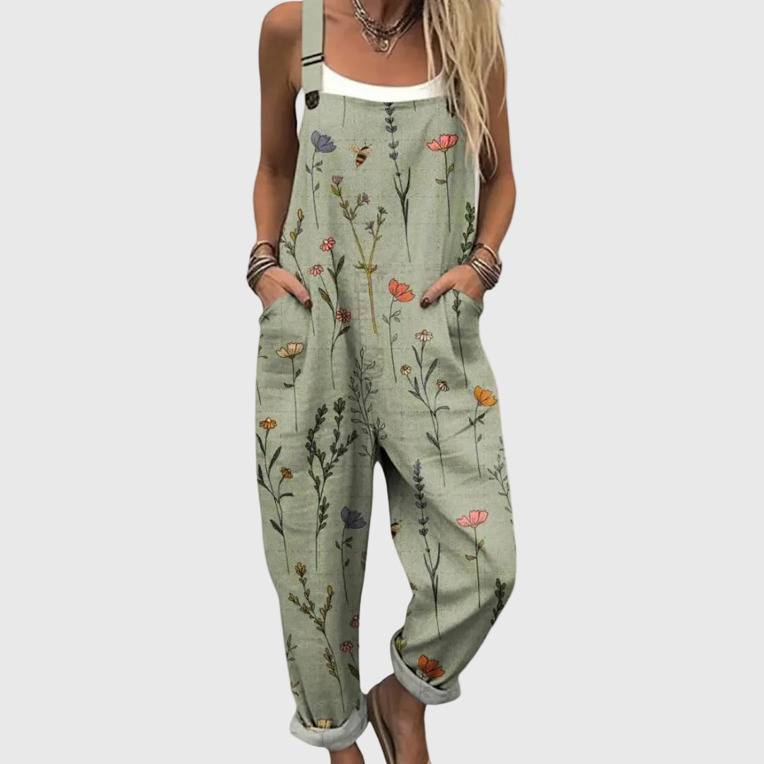 Women’s Printed Wide Leg Jumpsuit with Adjustable Straps