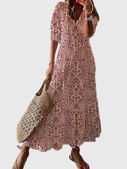 Women’s Boho Summer Maxi Dress with V-Neck and Relaxed Fit