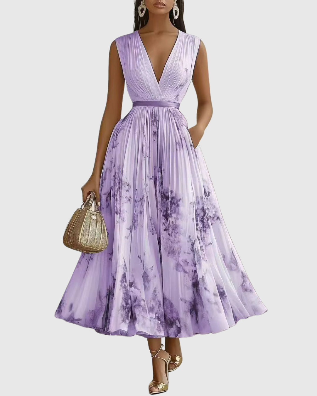 Women’s Pleated Maxi Dress with V-Neck and Tie Waist