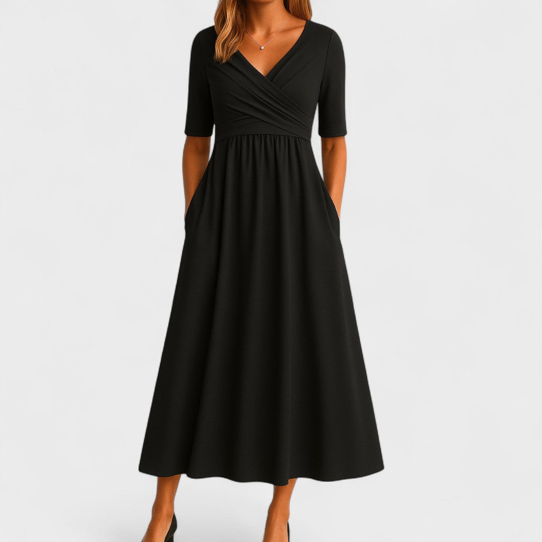 Women’s Midi Dress with Wrap V-Neck and Side Pockets