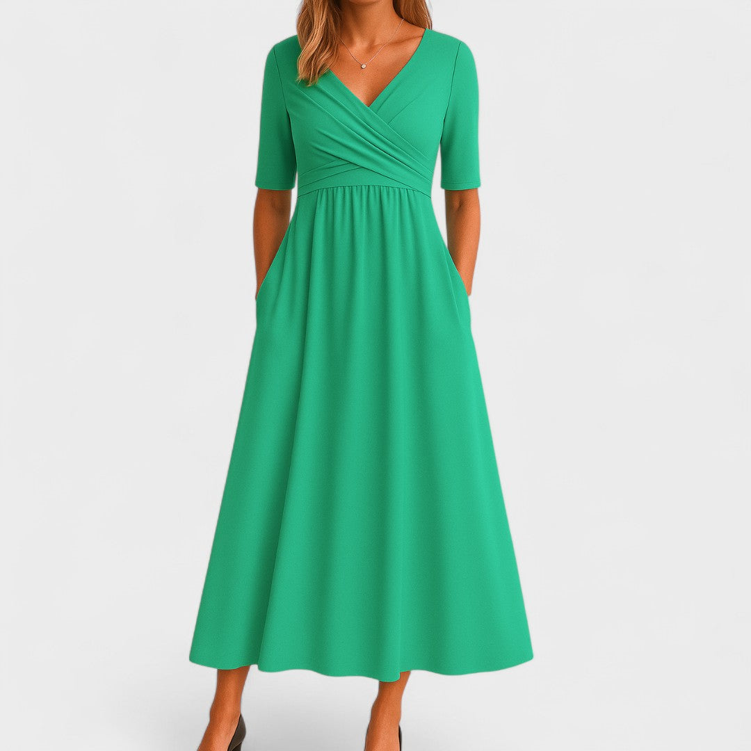Women’s Midi Dress with Wrap V-Neck and Side Pockets