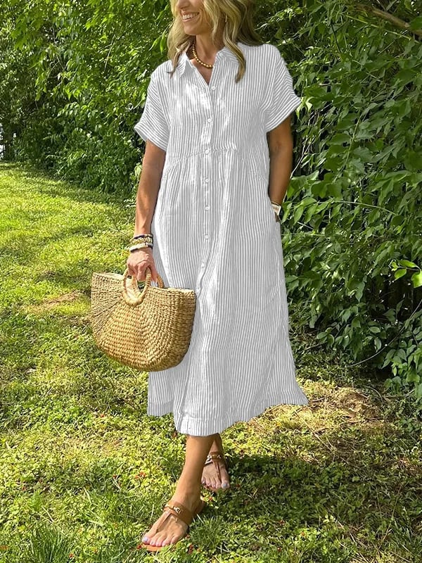 Women’s Striped Summer Midi Shirt Dress with Button-Down Front