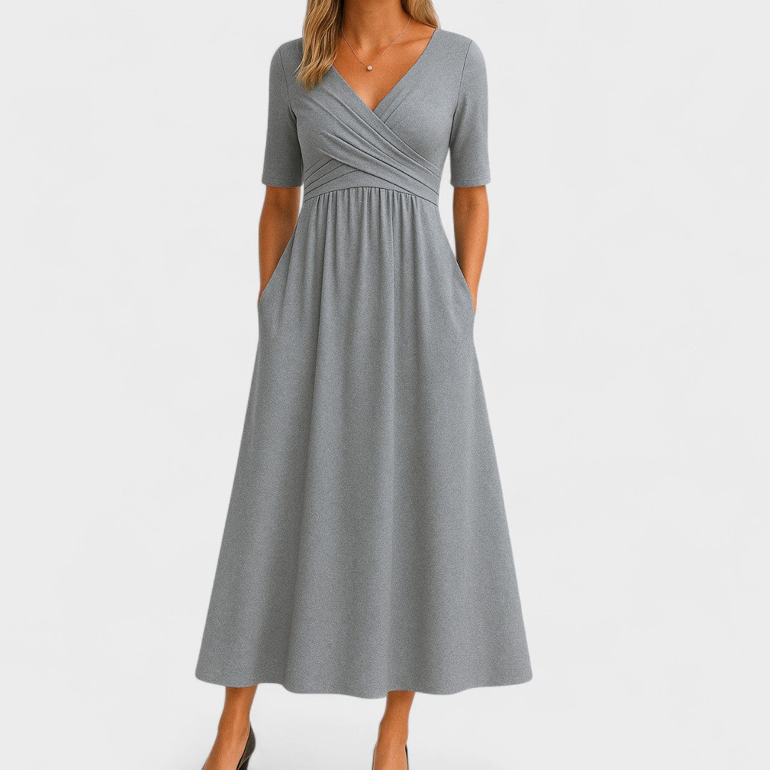 Women’s Midi Dress with Wrap V-Neck and Side Pockets