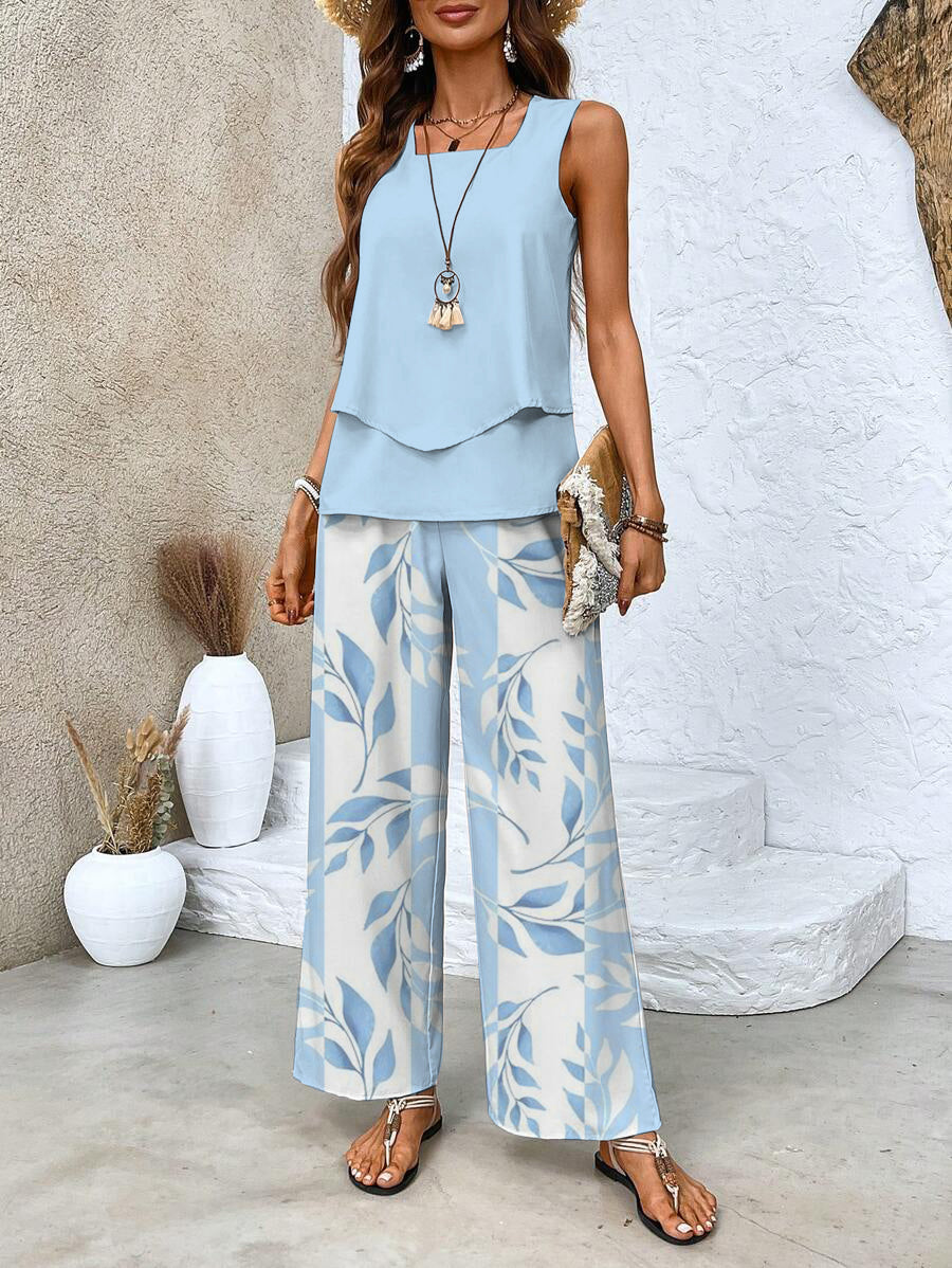 Women’s Chic Two Piece Set with Sleeveless Blouse and Wide Leg Trousers
