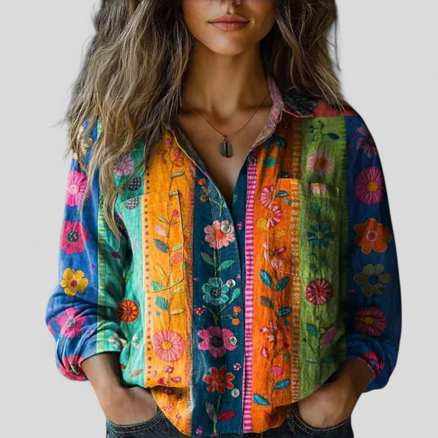 Women’s Floral Button-Down Shirt with Three-Quarter Sleeves