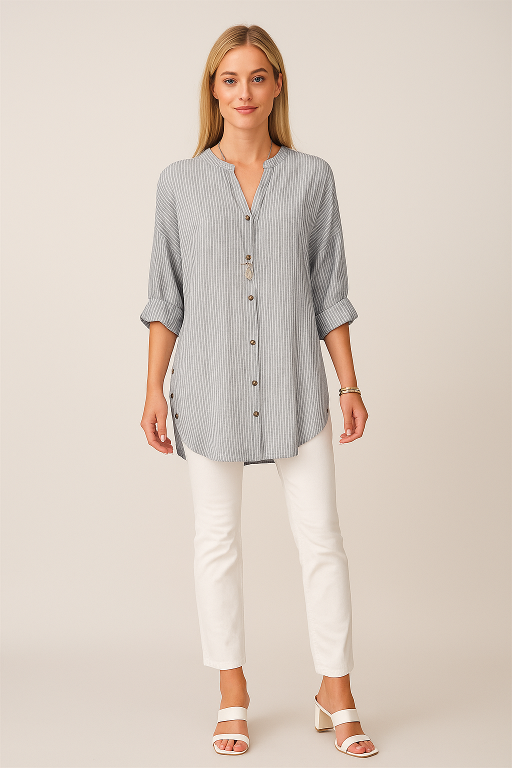 Striped Button Up with V Neck Blouse