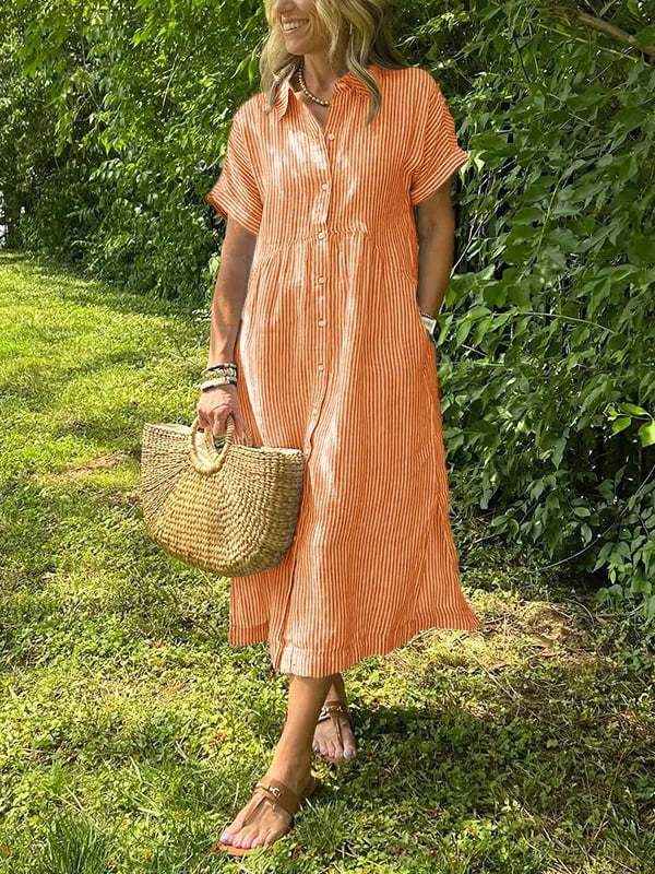 Women’s Striped Summer Midi Shirt Dress with Button-Down Front