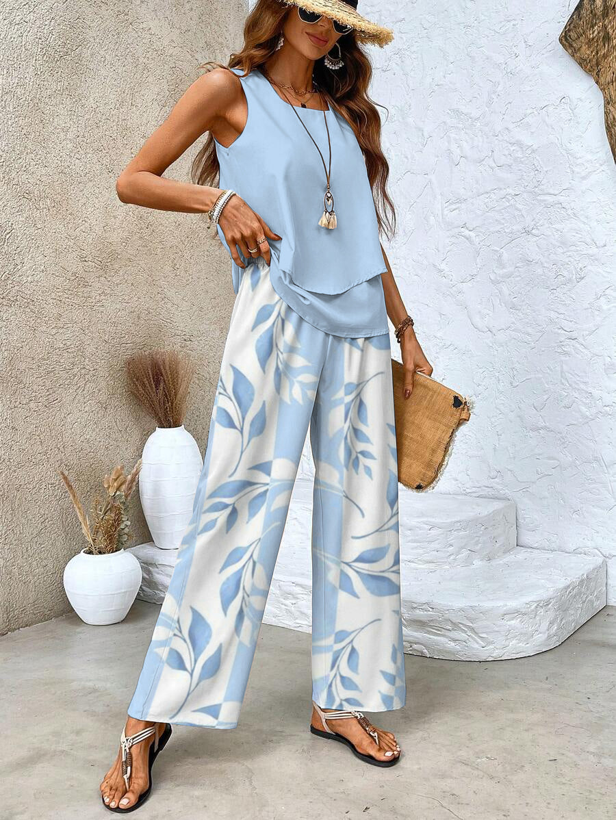 Women’s Chic Two Piece Set with Sleeveless Blouse and Wide Leg Trousers