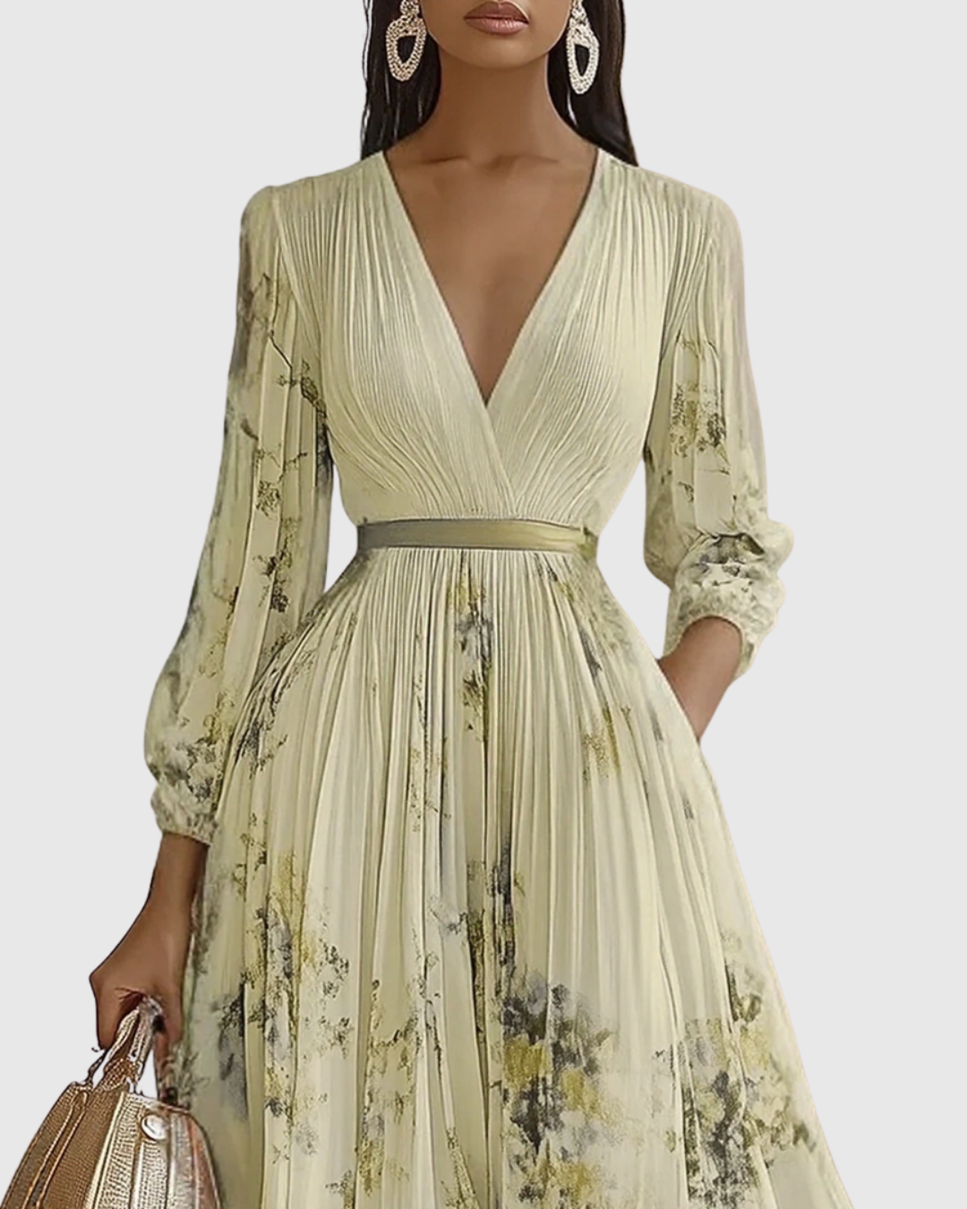 Women’s Pleated Maxi Dress with V-Neck and Tie Waist