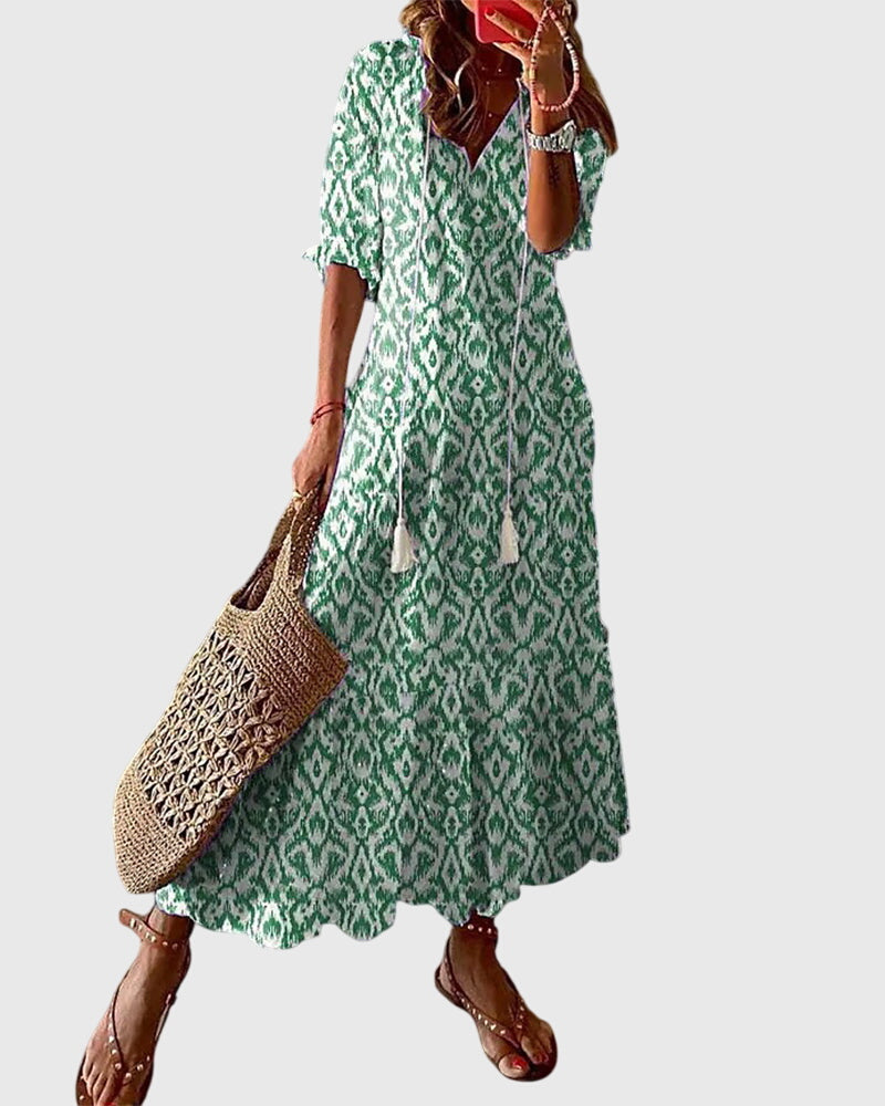 Women’s Boho Summer Maxi Dress with V-Neck and Relaxed Fit