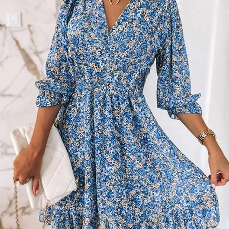 Women’s Floral Midi Dress with V-Neck and Puff Sleeves