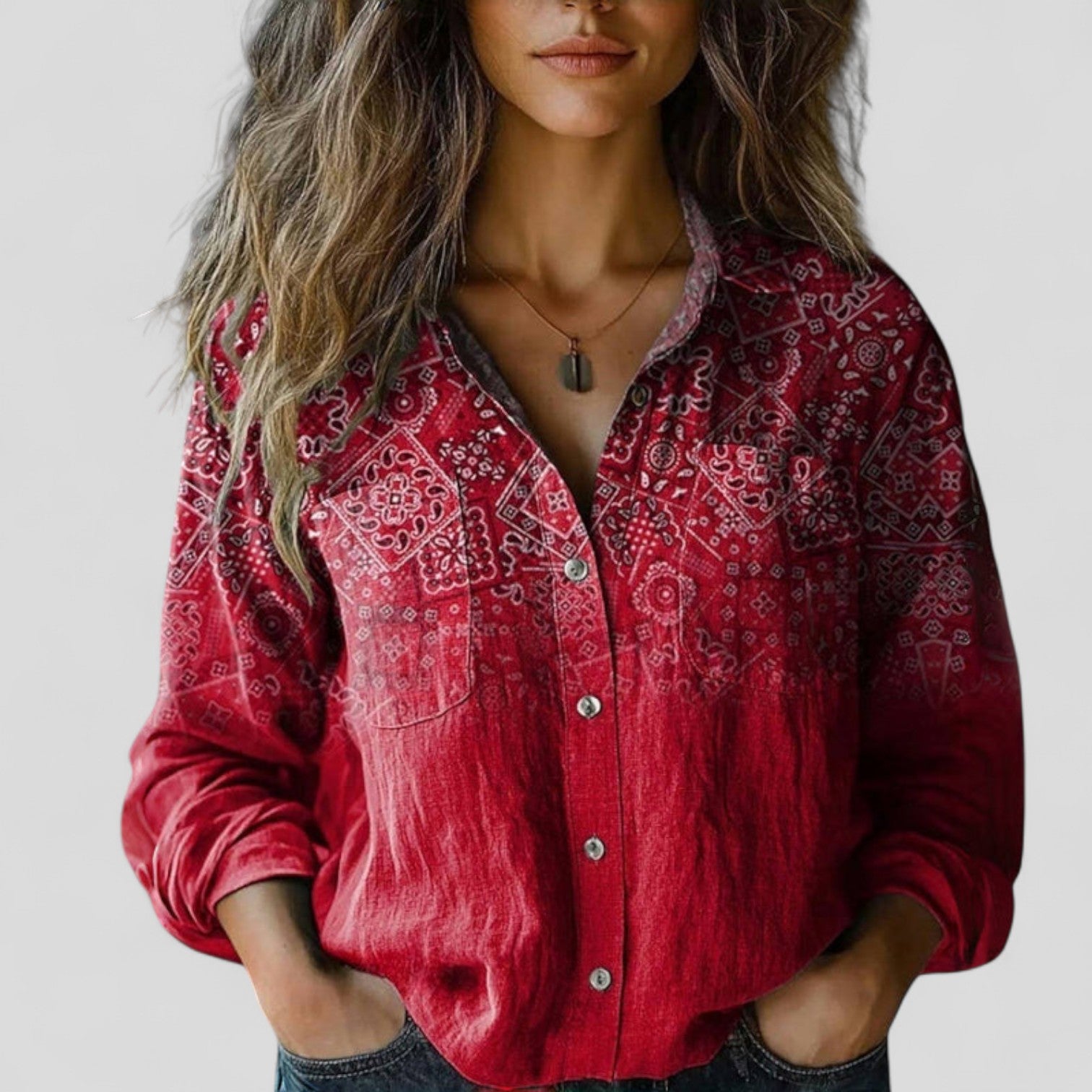 Women’s Floral Button-Down Shirt with Three-Quarter Sleeves