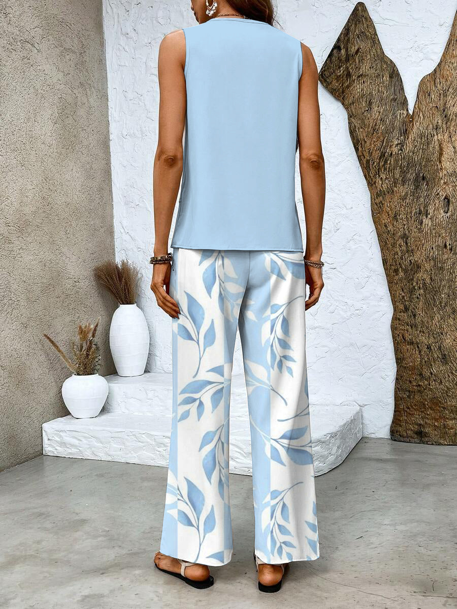 Women’s Chic Two Piece Set with Sleeveless Blouse and Wide Leg Trousers
