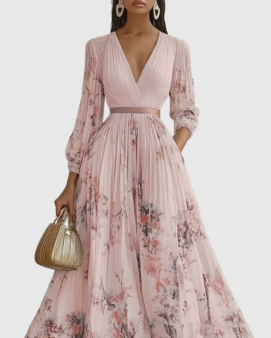 Women’s Pleated Maxi Dress with V-Neck and Tie Waist