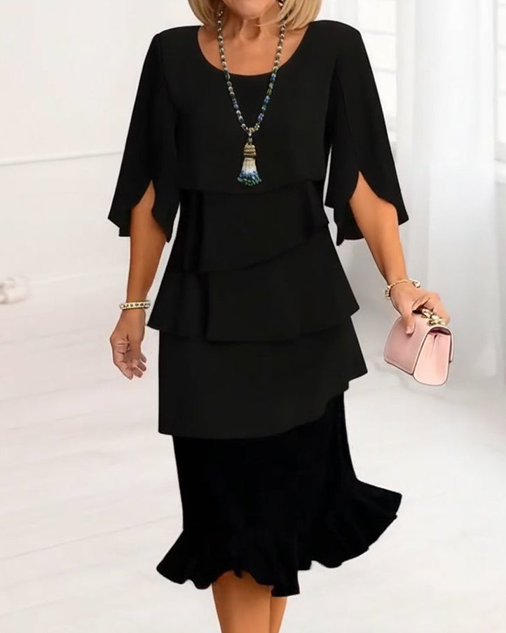 Women’s Elegant Midi Ruffle Dress with A-Line Silhouette