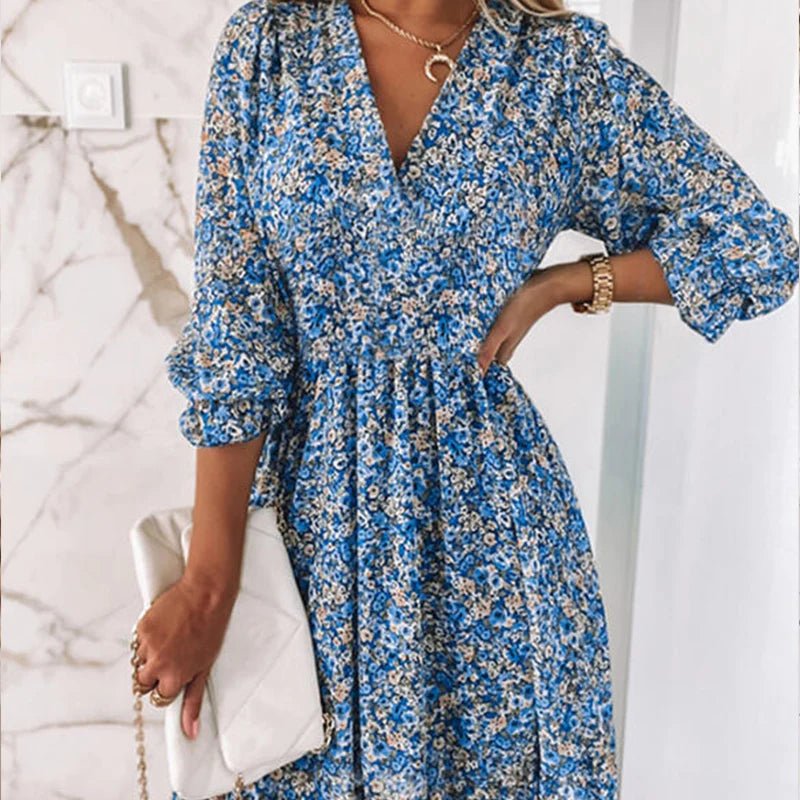 Women’s Floral Midi Dress with V-Neck and Puff Sleeves