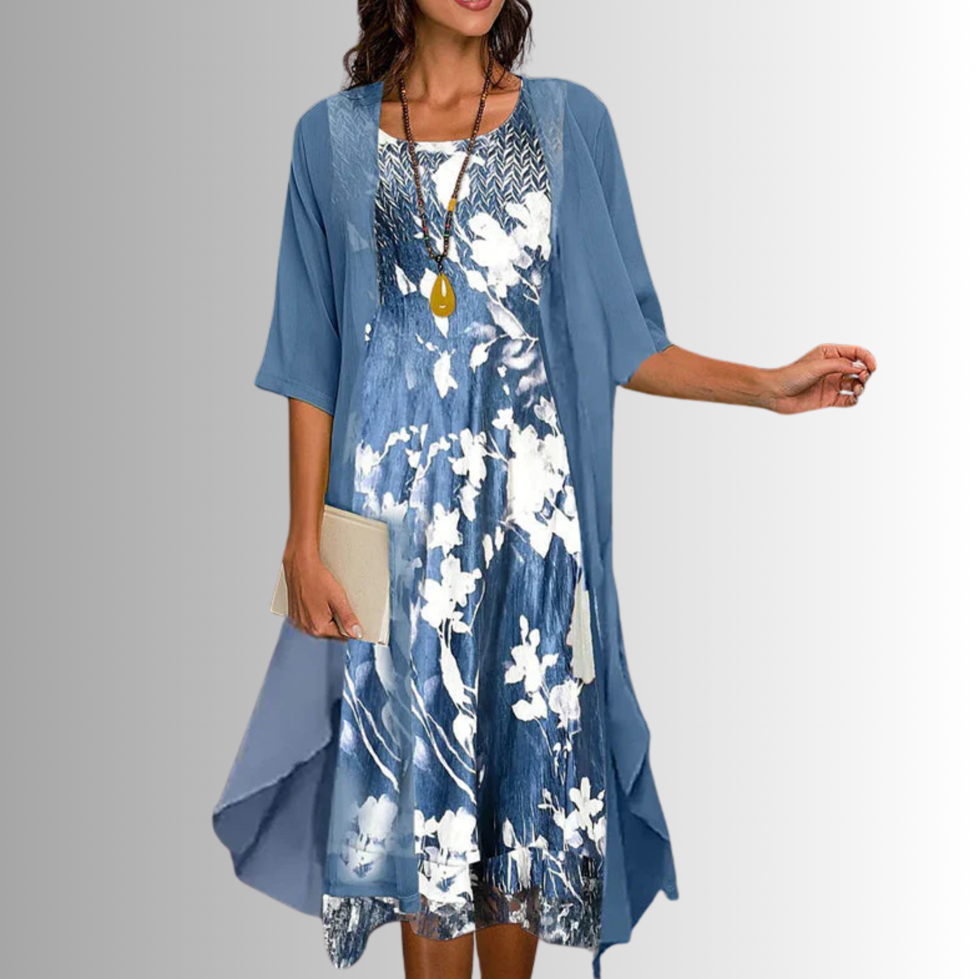 Women’s Elegant Two Piece Set with Layered Blouse and Matching Dress