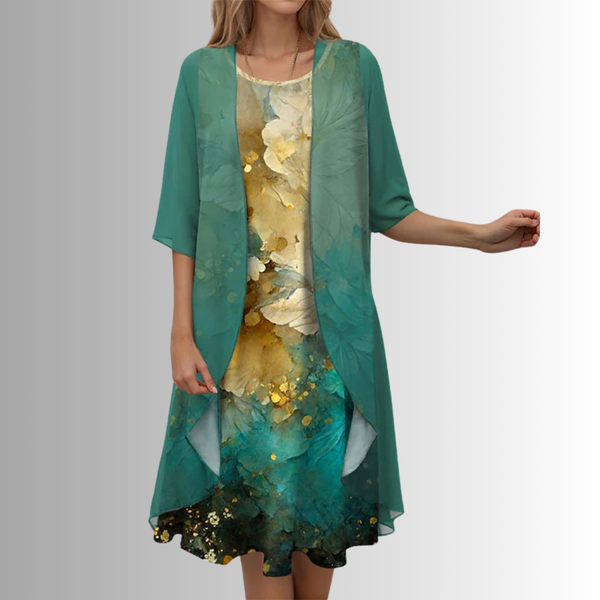 Women’s Elegant Two Piece Set with Layered Blouse and Matching Dress