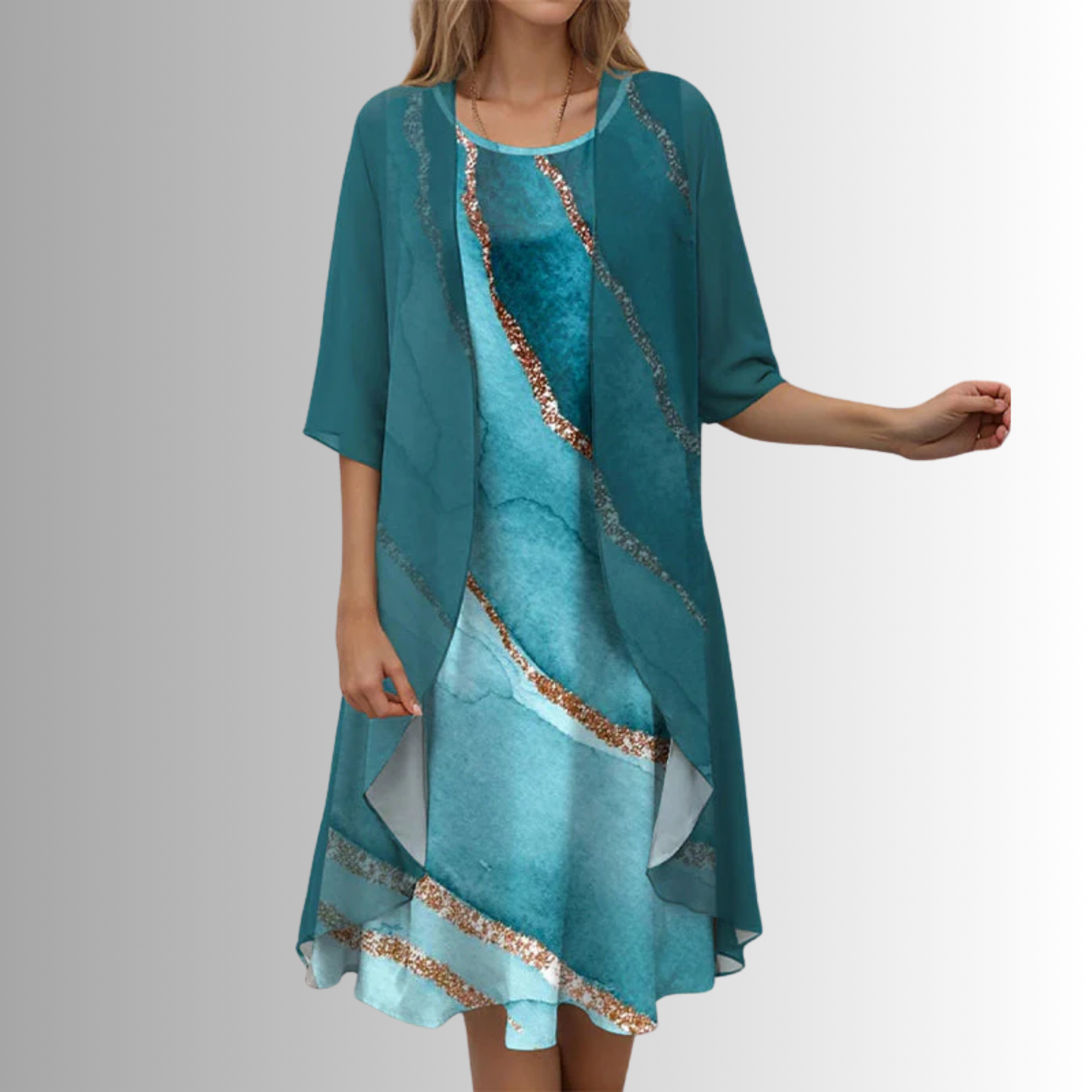 Women’s Elegant Two Piece Set with Layered Blouse and Matching Dress