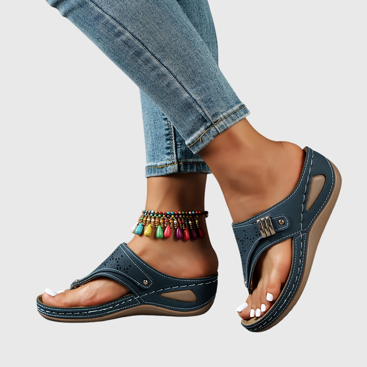Women’s Platform Thong Sandals with Beaded Ankle Accent
