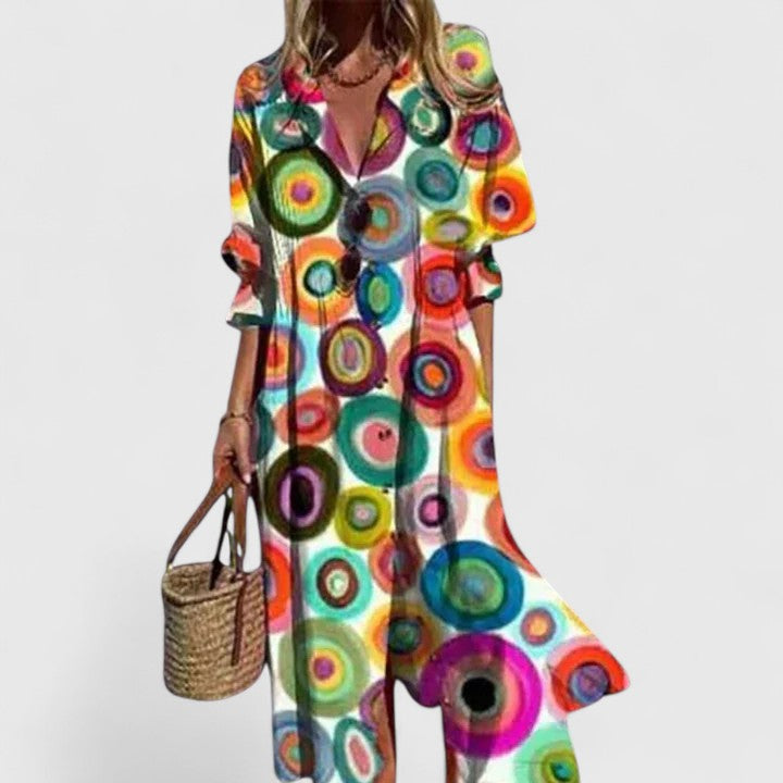 Women’s Boho Midi Dress with Relaxed Fit and Vibrant Print