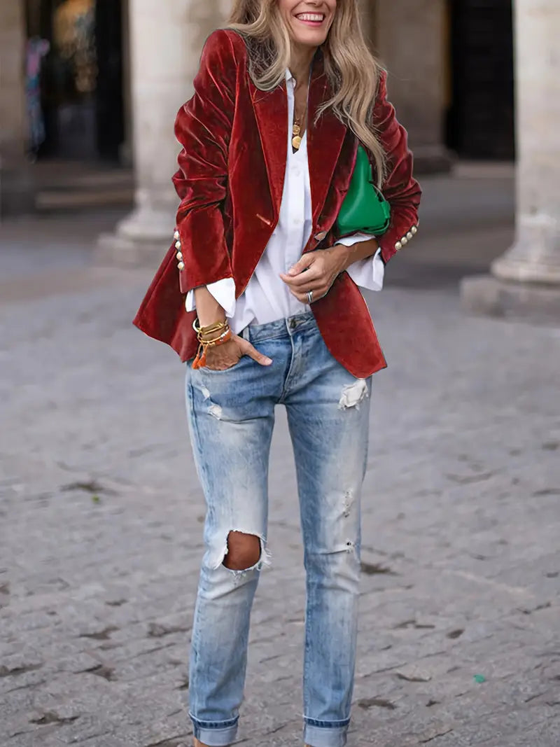 Women’s Velvet Tailored Blazer with Single Button