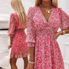 Women’s Floral Midi Dress with V-Neck and Puff Sleeves