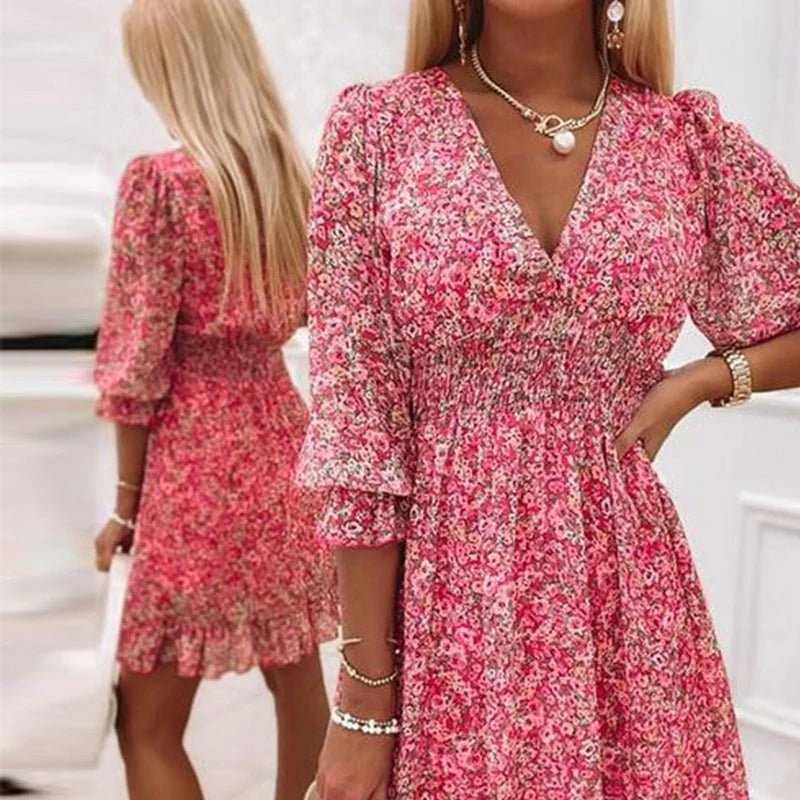 Women’s Floral Midi Dress with V-Neck and Puff Sleeves