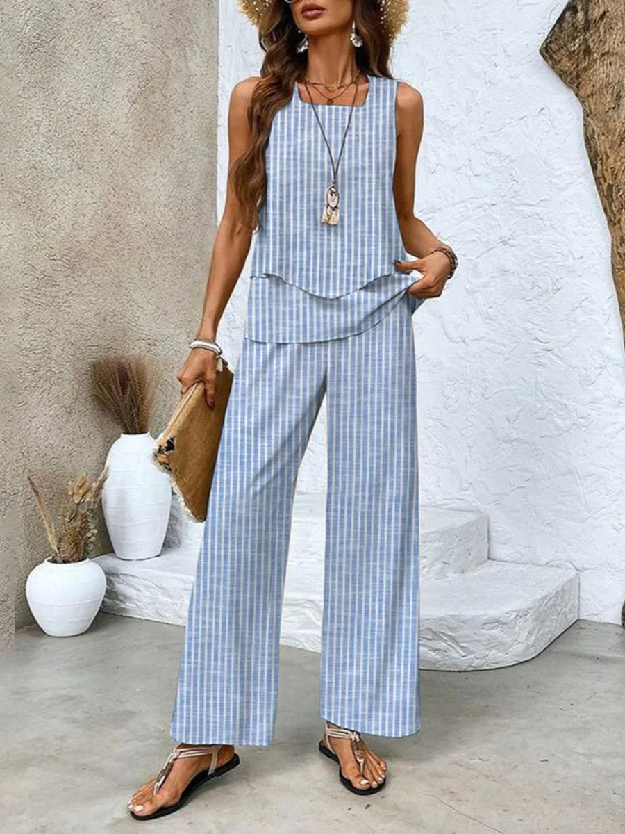 Women’s Chic Two Piece Set with Sleeveless Blouse and Wide Leg Trousers