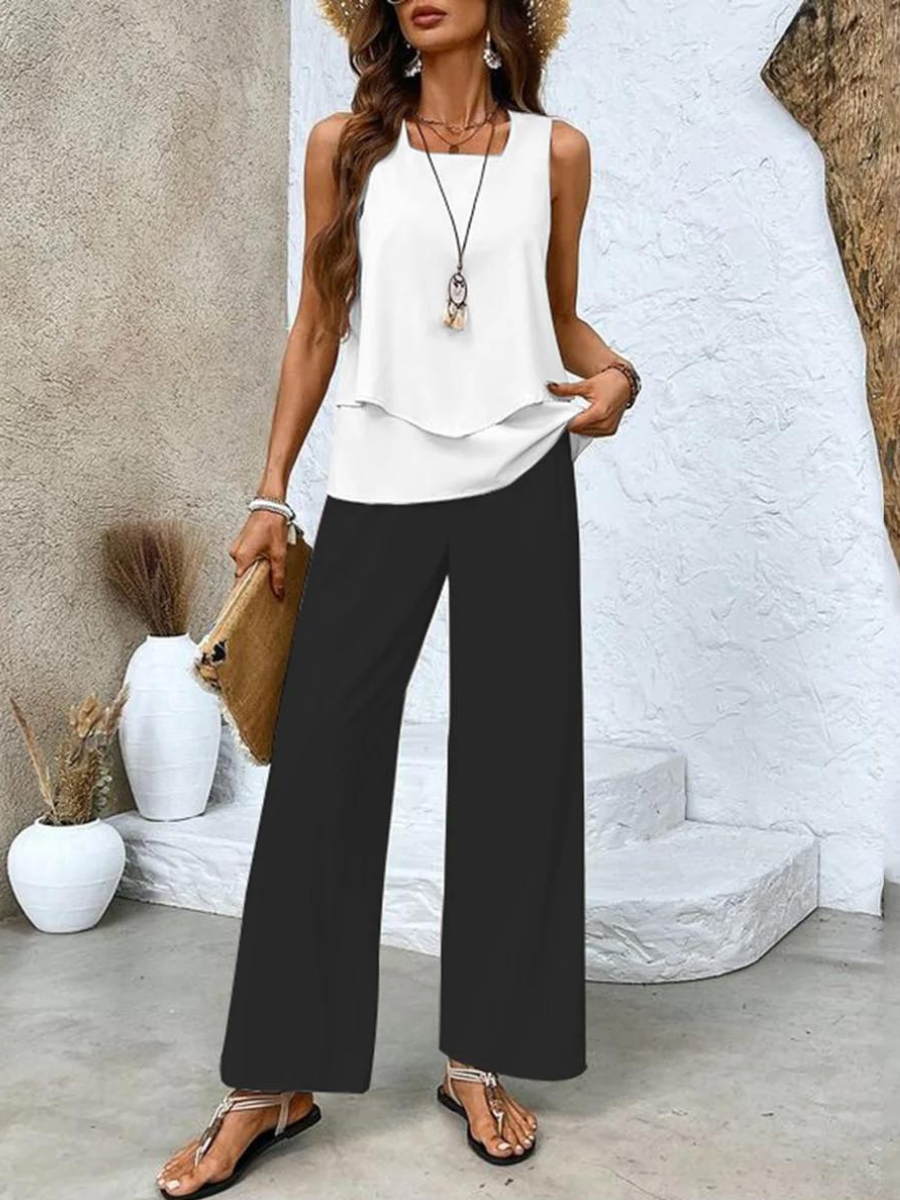 Women’s Chic Two Piece Set with Sleeveless Blouse and Wide Leg Trousers