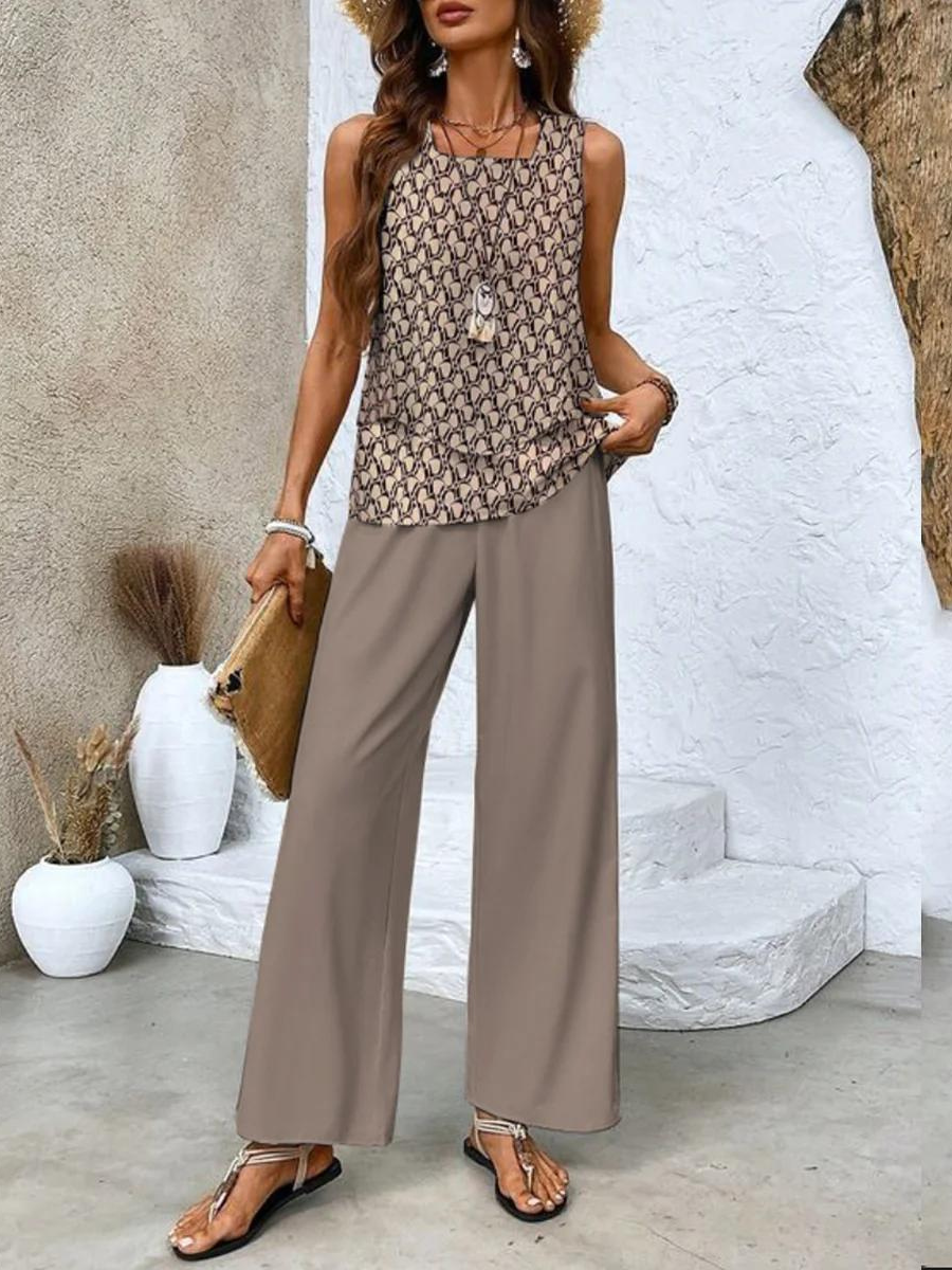 Women’s Chic Two Piece Set with Sleeveless Blouse and Wide Leg Trousers
