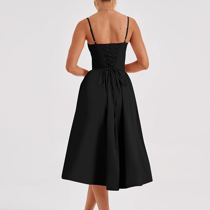 Women’s Summer Corset Midi Dress with Spaghetti Straps and Pockets