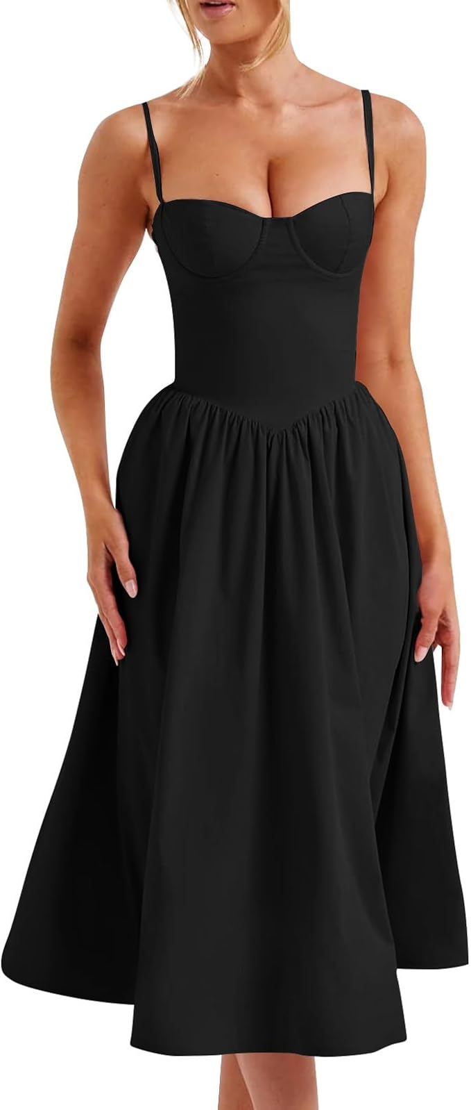 Women’s Summer Corset Midi Dress with Spaghetti Straps and Pockets