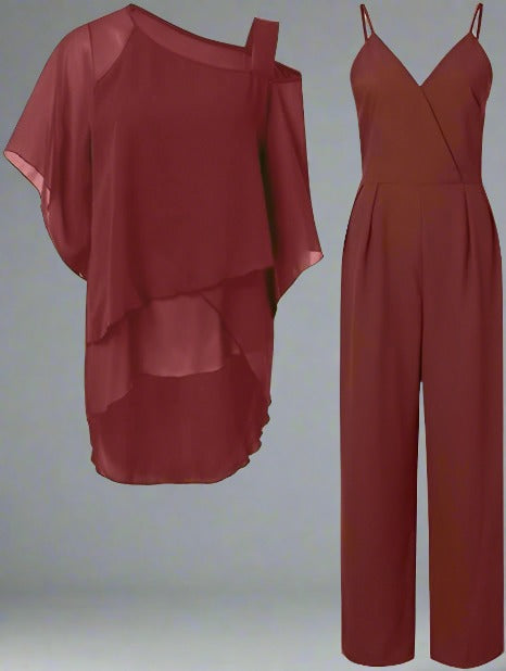 Women’s Two Piece Jumpsuit Set with Chiffon Overlay Top