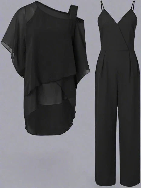 Women’s Two Piece Jumpsuit Set with Chiffon Overlay Top