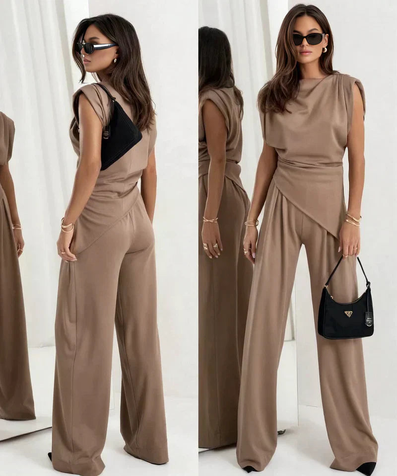 Women’s Elegant Co Ord Set with Draped Top and Wide-Leg Trousers