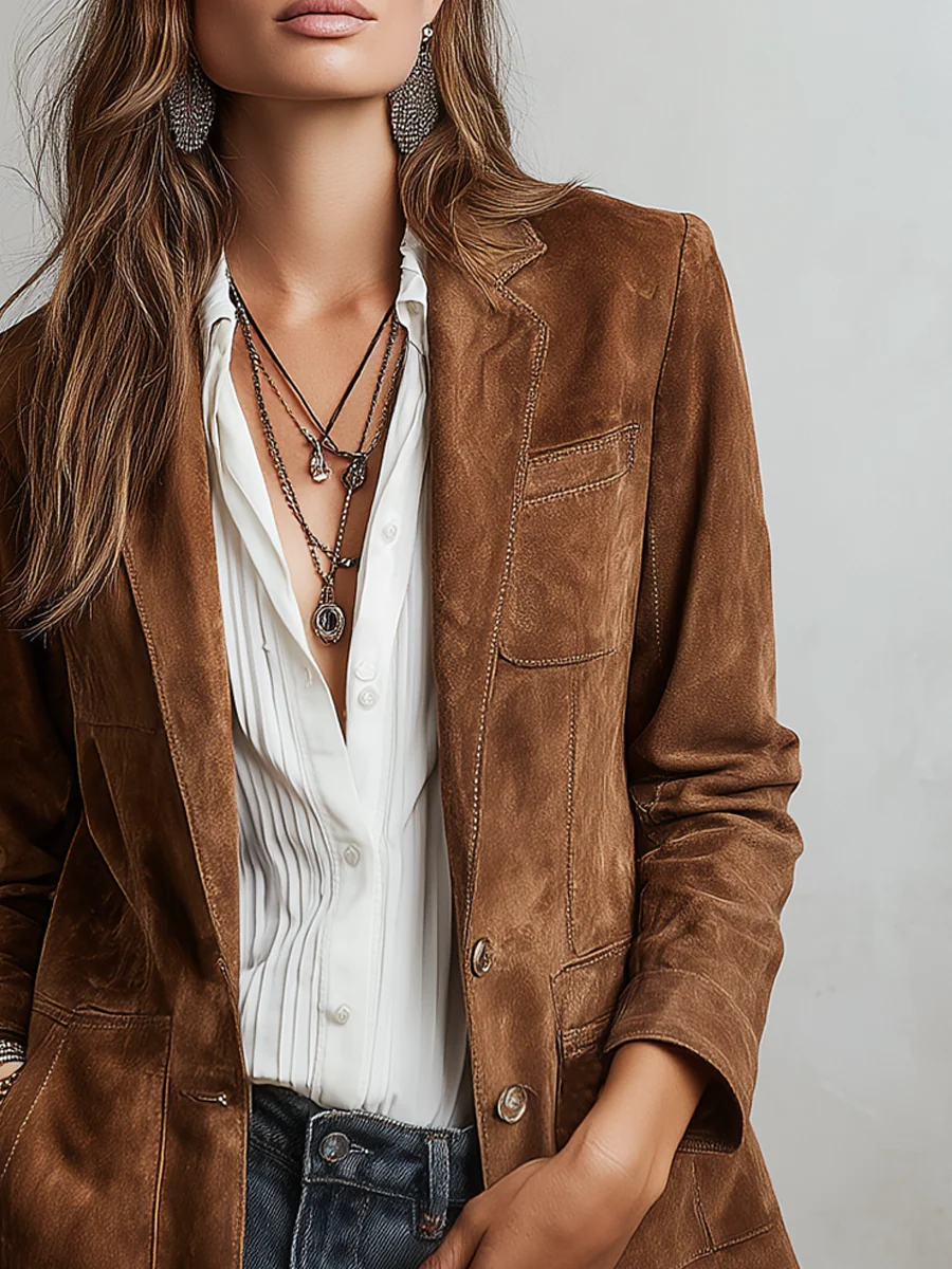 Women’s Button-Down Suede Blazer with Relaxed Tailored Fit