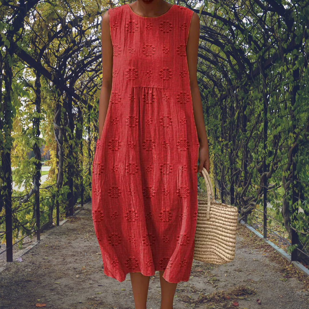 Women’s Sleeveless Summer Midi Dress with Pockets and Embroidered Detail