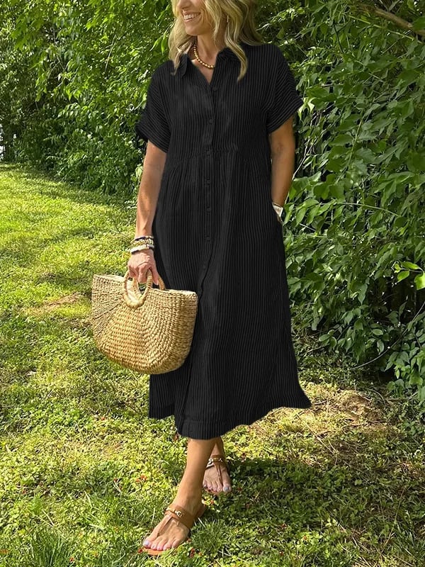 Women’s Striped Summer Midi Shirt Dress with Button-Down Front