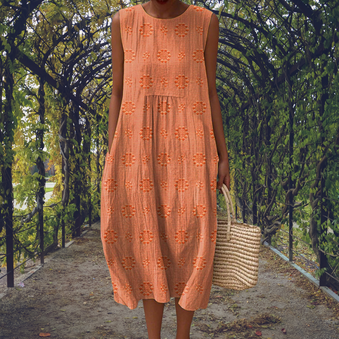Women’s Sleeveless Summer Midi Dress with Pockets and Embroidered Detail