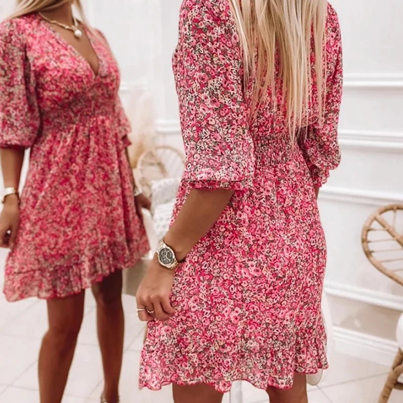 Women’s Floral Midi Dress with V-Neck and Puff Sleeves