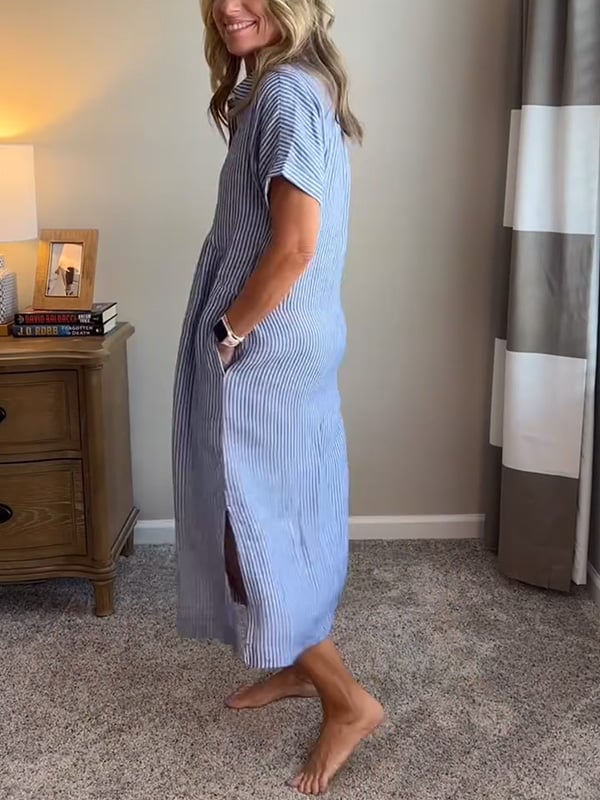 Women’s Striped Summer Midi Shirt Dress with Button-Down Front