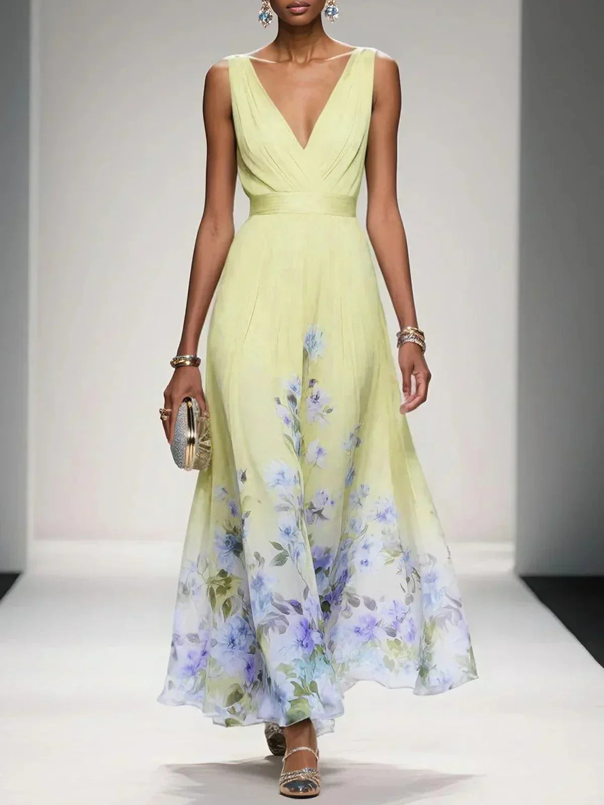 Women’s Floral Wedding Guest Dress with V-Neck