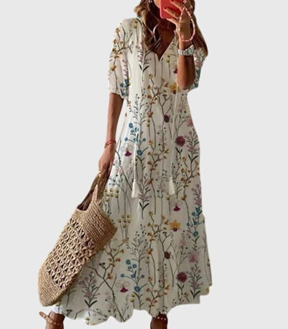 Women’s Boho Summer Maxi Dress with V-Neck and Relaxed Fit