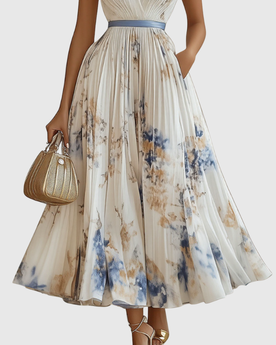 Women’s Pleated Maxi Dress with V-Neck and Tie Waist