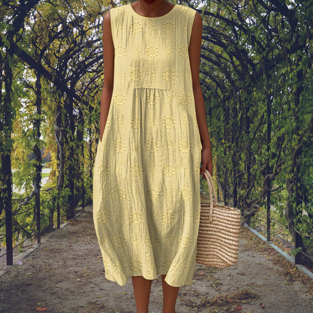 Women’s Sleeveless Summer Midi Dress with Pockets and Embroidered Detail
