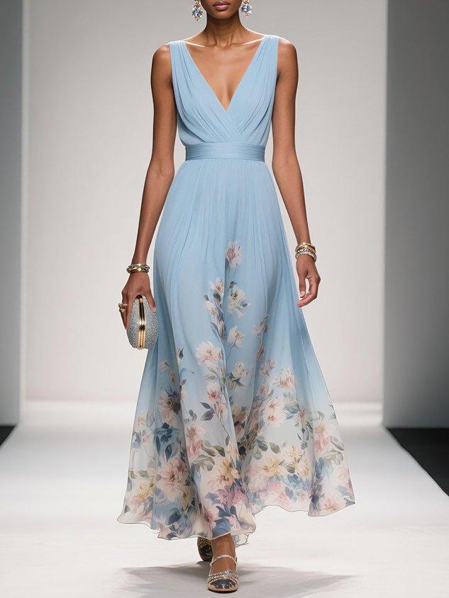 Women’s Floral Wedding Guest Dress with V-Neck