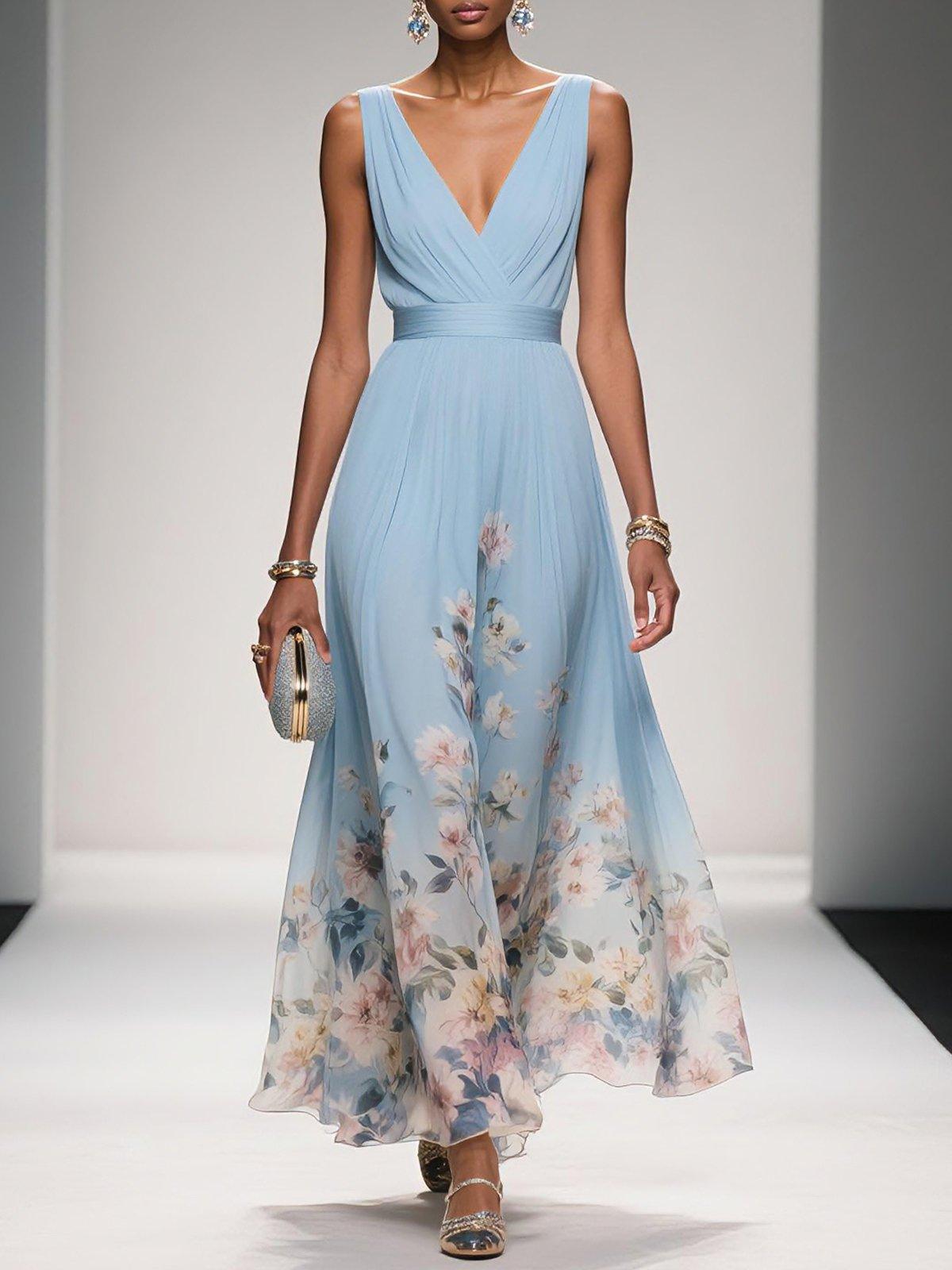 Women’s Floral Wedding Guest Dress with V-Neck