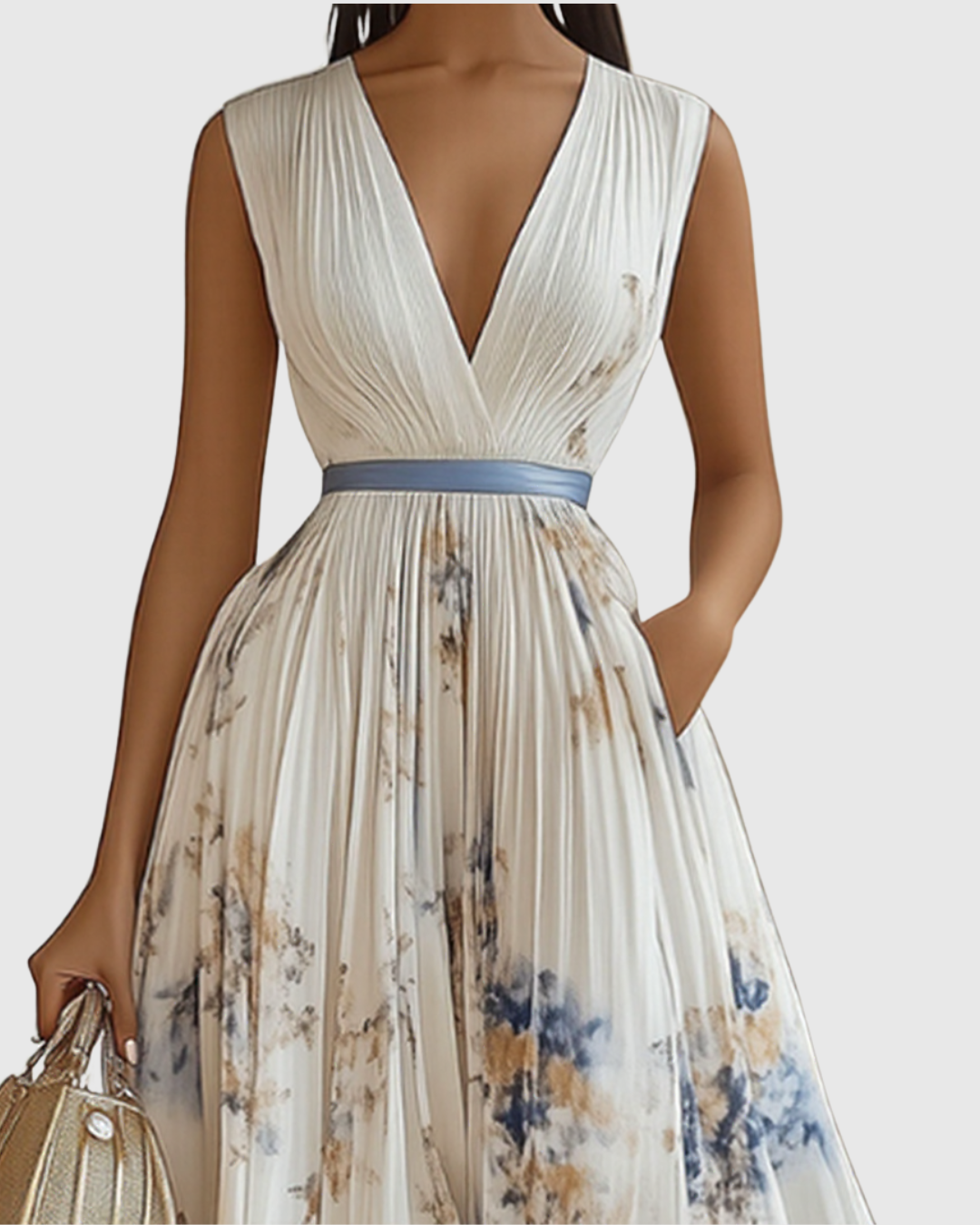 Women’s Pleated Maxi Dress with V-Neck and Tie Waist